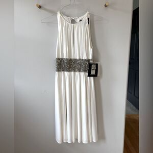 JS Boutique White Cocktail Midi Dress with Silver Sequin Waistband
